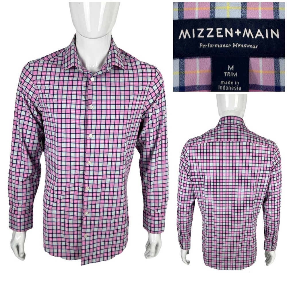 Mizzen + Main Mens Medium Shirt Pink Plaid Long Sleeve Trim Fit Performance EUC